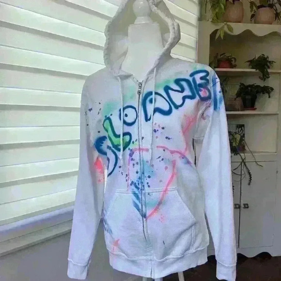 GILDAN - WHITE Zipper Graffitti Hoodie - Size Small - Picture 1 of 5